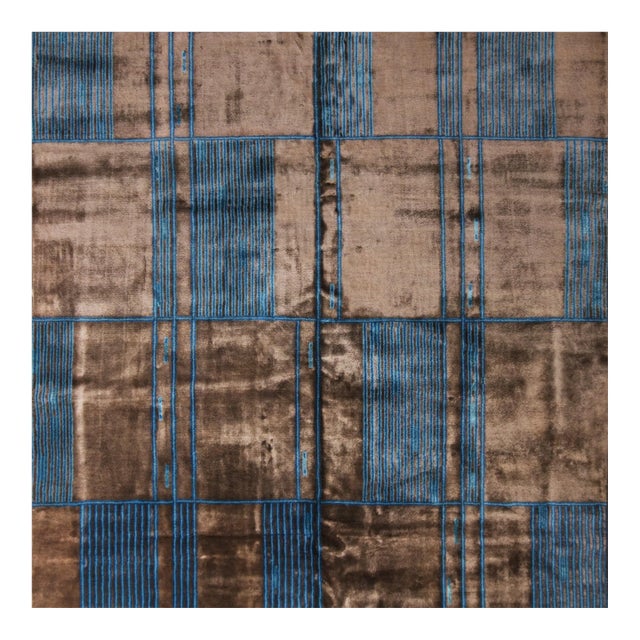 Rug & Kilim's Mid Century Modern Geometric Brown and Blue Wool and Silk Custom Rug, 12x15 For Sale