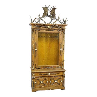 Fantastic Oak Wood Gun Cabinet With Antler Decoration Ca. 1900 For Sale