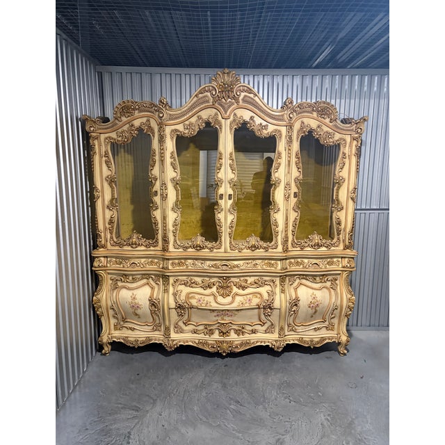 Rococo Mid 20th Century Monumental Rococo Revival Hand-Painted Floral China Cabinet and Buffet For Sale - Image 3 of 12