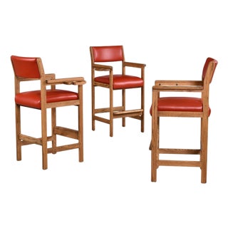 Red Leather and Oak Billiard Barstools With Cupholders, Restored For Sale