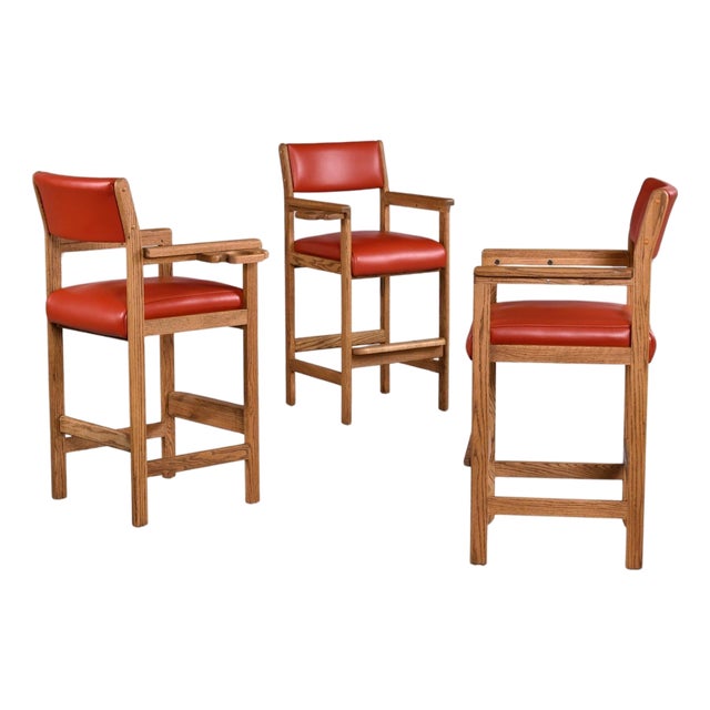 Red Leather and Oak Billiard Barstools With Cupholders, Restored For Sale