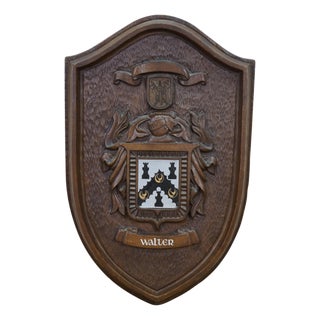 Vintage Black Forest Style Mahogany Carved Coat of Arms Wall Plaque Walter 16" For Sale