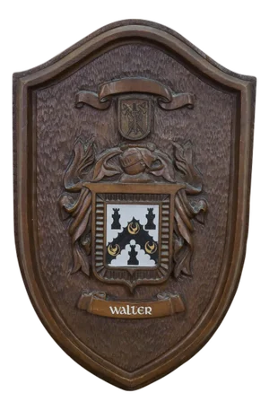 Vintage Black Forest Style Mahogany Carved Coat of Arms Wall Plaque Walter 16"
