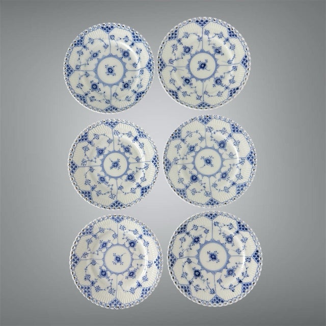 Set of 6 Royal Copenhagen Blue Fluted Full Lace Bread Plates 15 Cm #1088 Denmark For Sale In New York - Image 6 of 6
