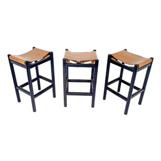 C. 1970s Mary Featherstone Set of Three "Hobb" Stools With Leather Seats For Sale