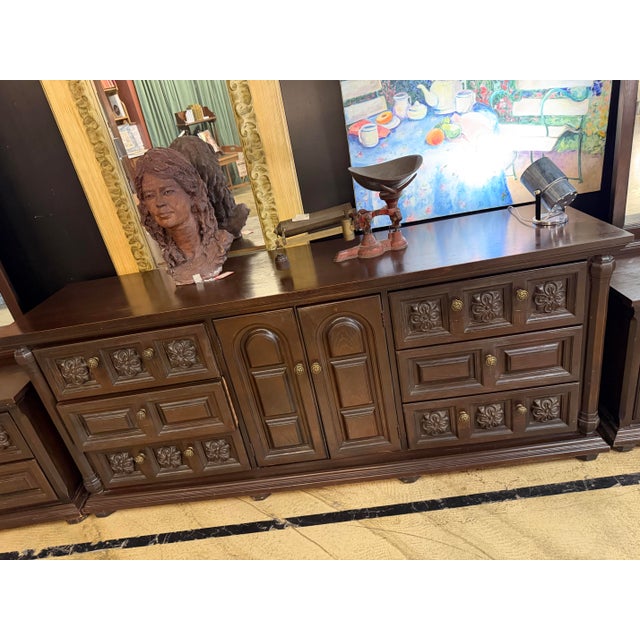 Brown Vintage Spanish Revival Carved Wood Dresser & Matching Mirror Set For Sale - Image 8 of 11