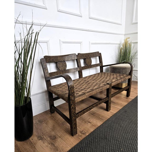 Stylish 1960s Mid-Century Modern lounge bench armchair in wood and cord or woven rope. The design and shape of the wooden...