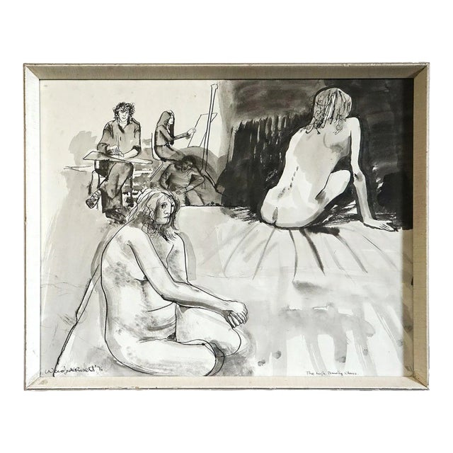 Vintage Original 'Life Drawing' Nude Pen and Ink Wash by Wendy De Rusett, 1970s For Sale