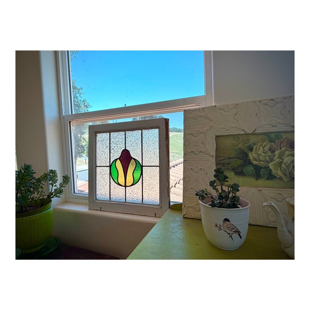 Antique English Leaded Stained Glass Window-Edwardian Art Nouveau Tulip For Sale