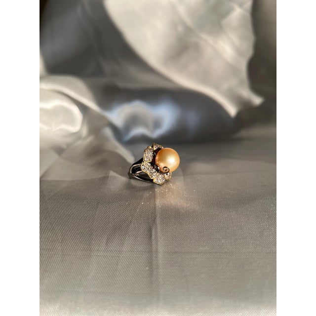 Gold South Sea Golden Pearl and Champagne Diamond Flower Cocktail Ring, Size 7.5 For Sale - Image 8 of 12