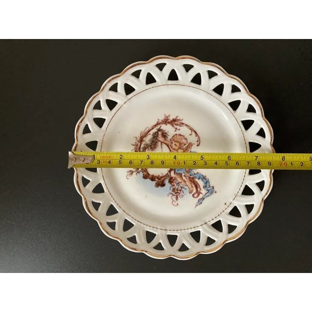 Antique English Romantic Cherub Cupid Valentines Heart Porcelain Plate With Reticulated Margin and Gold Rim For Sale - Image 9 of 12