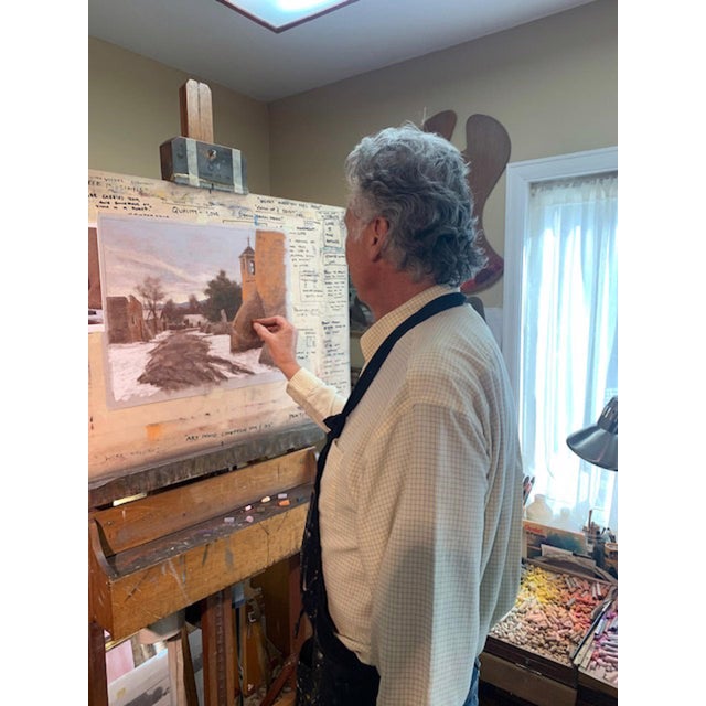 Quiet Winter Walk by Lorenzo Chavez | Pastel depicting a snow-covered village road with buildings. For Sale - Image 4 of 4