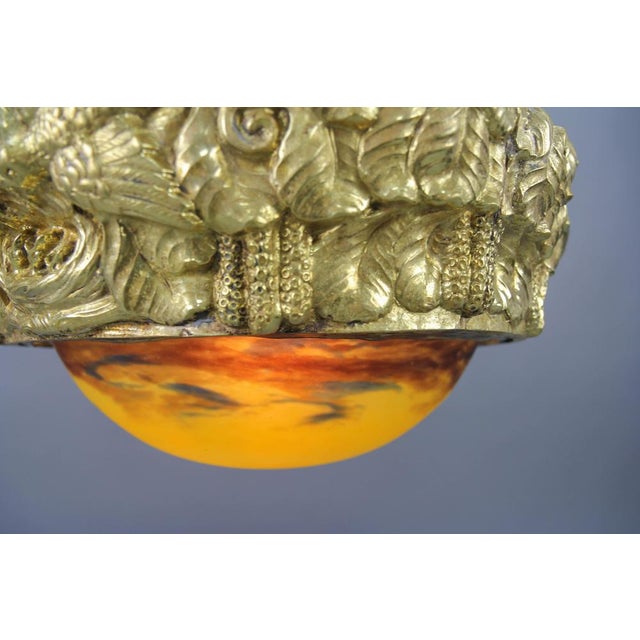 Art Deco French Brass Chandelier with Yellow Pâte De Verre Glass by Degué, 1930s For Sale - Image 10 of 18