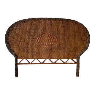 Vintage Coastal Boho-Chic Arched Rattan & Wicker Queen Size Headboard With Woven Diamond Accent For Sale
