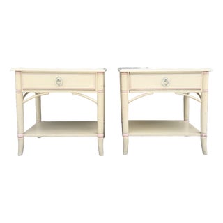 Vintage Coastal Faux Bamboo Cream and Pink Nightstands by Thomasville - A Pair For Sale