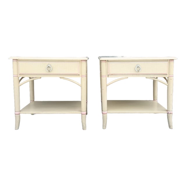 Vintage Coastal Faux Bamboo Cream and Pink Nightstands by Thomasville - A Pair For Sale