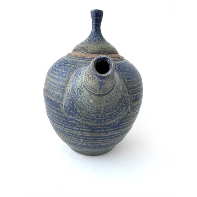 Farmhouse Vintage Blue Stoneware Pottery Teapot, Signed For Sale - Image 3 of 11