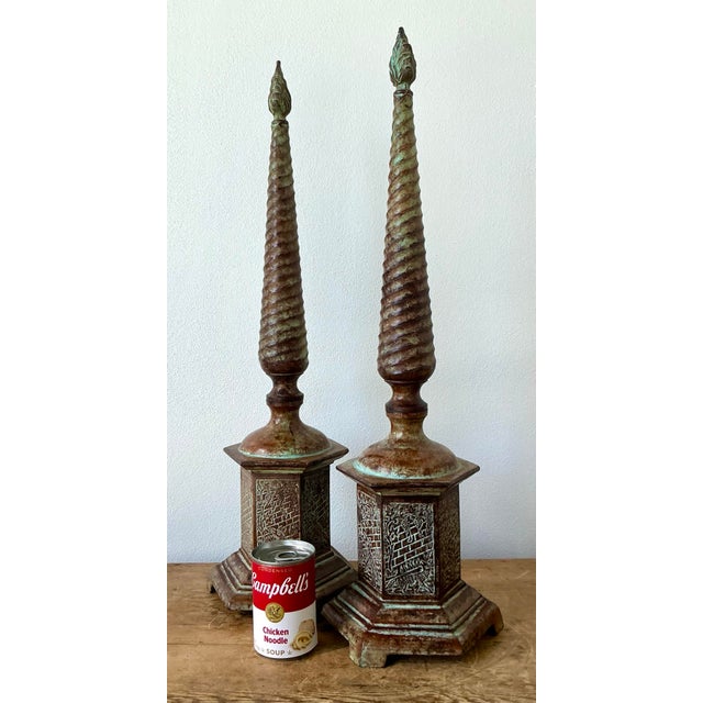 Sienna Vintage Boho Patinated Metal Obelisks - A Pair For Sale - Image 8 of 12