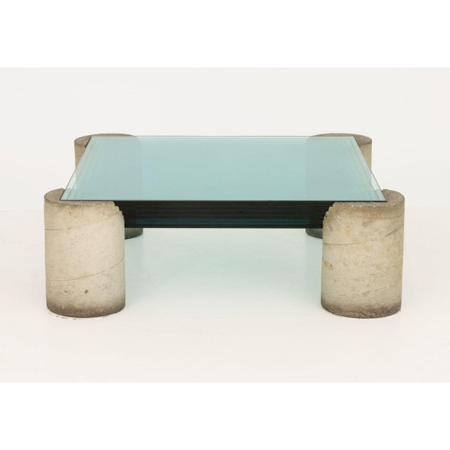 Modernist Graduated Glass Top and Concrete Coffee Table, with six square tops and four cylindrical supports. &nbsp;14.5" H...