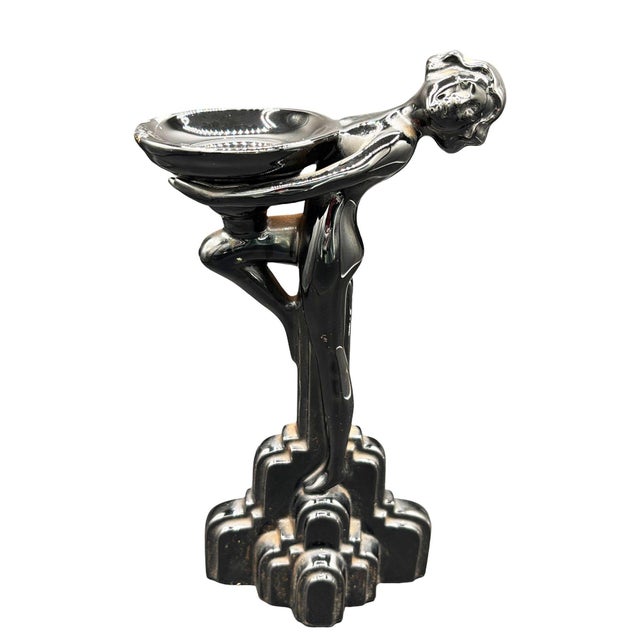 Art Deco 1930s Nude Art Deco Flapper Female Black Ceramic Candleholder Statue by Fritz & Floyd For Sale - Image 3 of 7