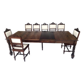 Antique Oak Extendable Dining Table and Chairs, 1900-1930, Set of 9 For Sale