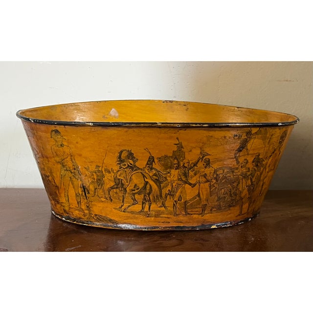 Early 20th century French oval tole cachepot planter decorated with scenes of Napoleon and the Duke of Wellington at...