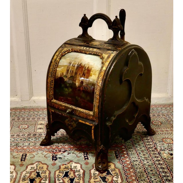 A superb regency toleware gilt and reverse painted purdonium A truly stunning piece, this unusually shaped Coal Box has a...