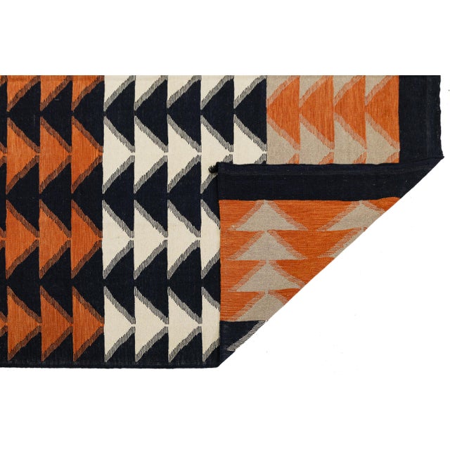 Modern Navajo Style Geometric Wool Rug Handmade Terracotta & Charcoal Flatweave For Sale - Image 4 of 11