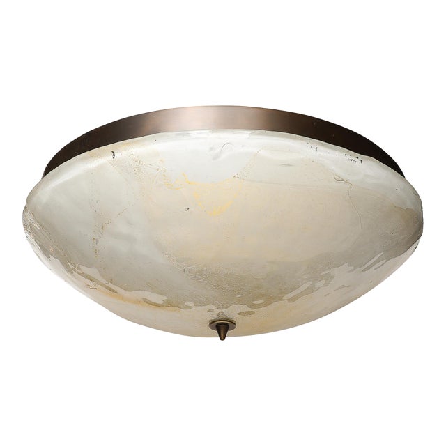Mid-Century Hand-Blown Murano Glass Flush Mount W/ Gold Flecks & Bronze Fittings For Sale