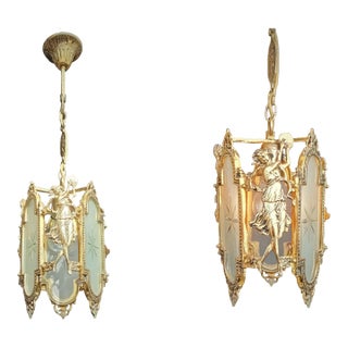 A Pair of 1960s Ceiling Light Vintage French Brass Venus Glass Venus Chandelier For Sale