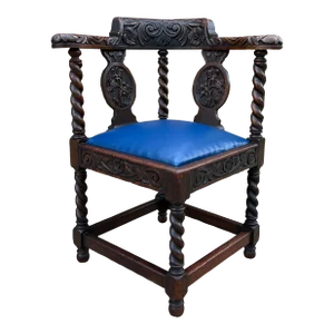 Antique English Corner Chair Oak Barley Twist Blue Leather Renaissance Revival
