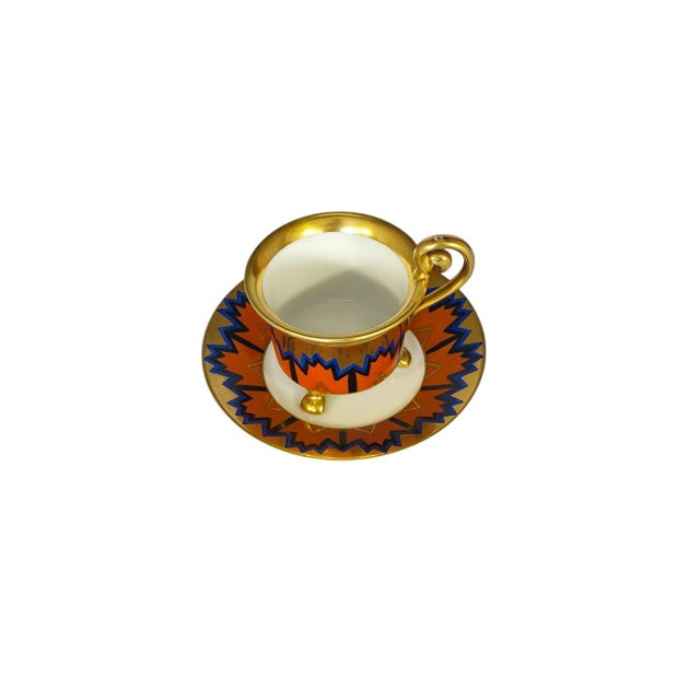 Art Deco Egypt Cup and Saucer with Geometric Sun Pattern and Gilt Feet from Eschenbach Bavaria, Germany, 1920s, Set of 2 For Sale - Image 4 of 17