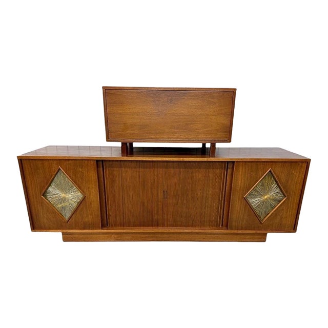 Mid-Century Modern Walnut Tambour Door Sideboard & Bar Cabinet For Sale