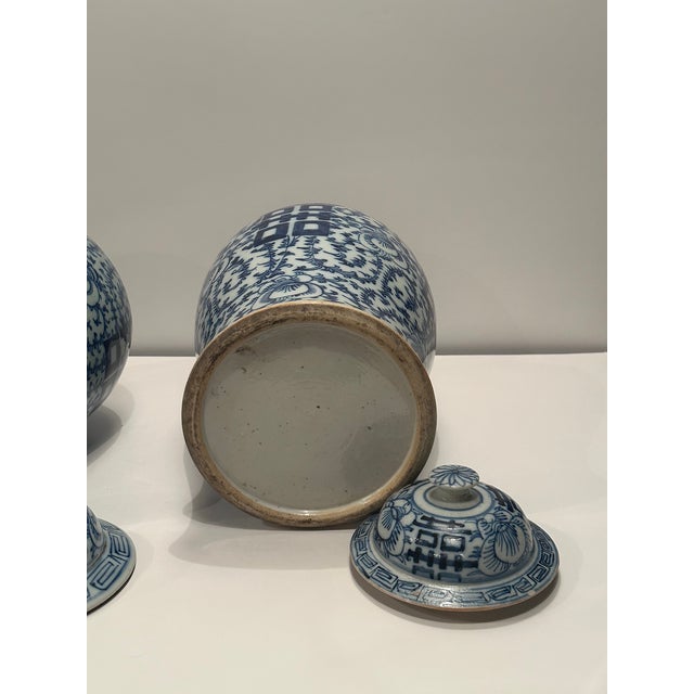 Ceramic Antique Chinese Blue and White Lidded Wedding Jars -a Pair For Sale - Image 7 of 12