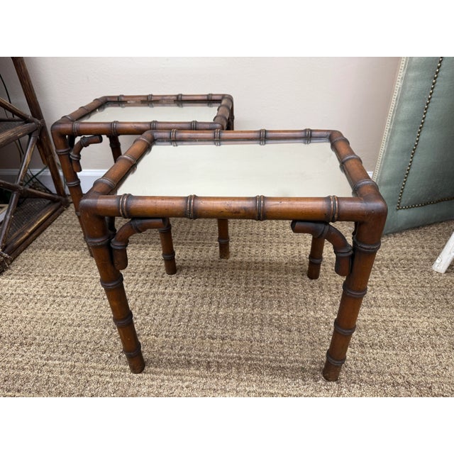 Wood 1970s Vintage Italian Faux Bamboo Side Tables With Mirrored Glass Surfaces, a Pair For Sale - Image 7 of 8