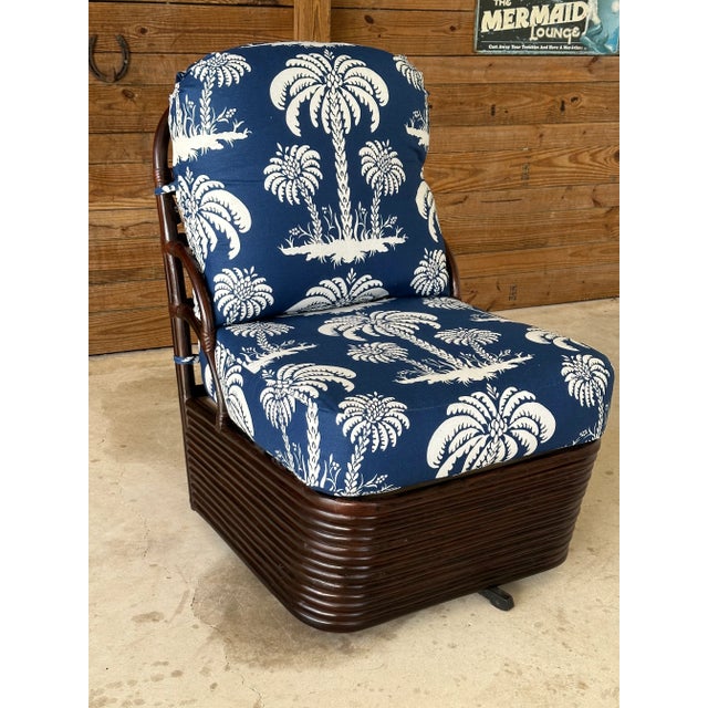 Vintage Braxton Culler Stacked Rattan Swivel Lounge Slipper Chair in Thibaut Fabric For Sale - Image 11 of 13