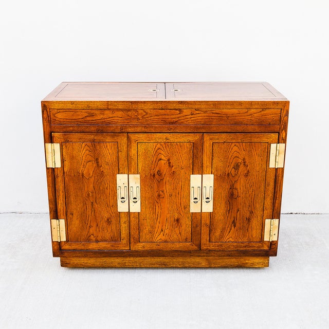 Henredon Vintage Mid Century Henredon Campaign Style Bar Cabinet With Brass Accents For Sale - Image 4 of 12