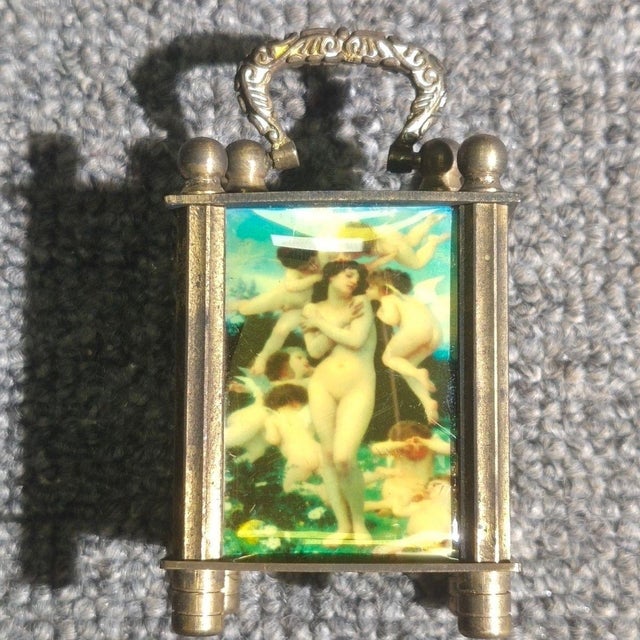 Late 20th Century Brass Miniature Desk Clock With Flemish Art Scenic Dial For Sale - Image 5 of 8