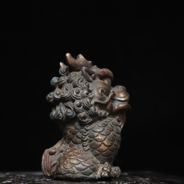 Late 19th Century Late 19th Century Gilt Bronze Qilin Statue, Mythical Beast Figurine, 1.22kg For Sale - Image 5 of 9