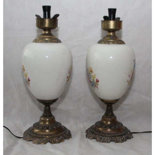 Opaline Frosted Glass Lampshade with Floral Decor Lamps, 1950s, Set of 2 For Sale - Image 14 of 18