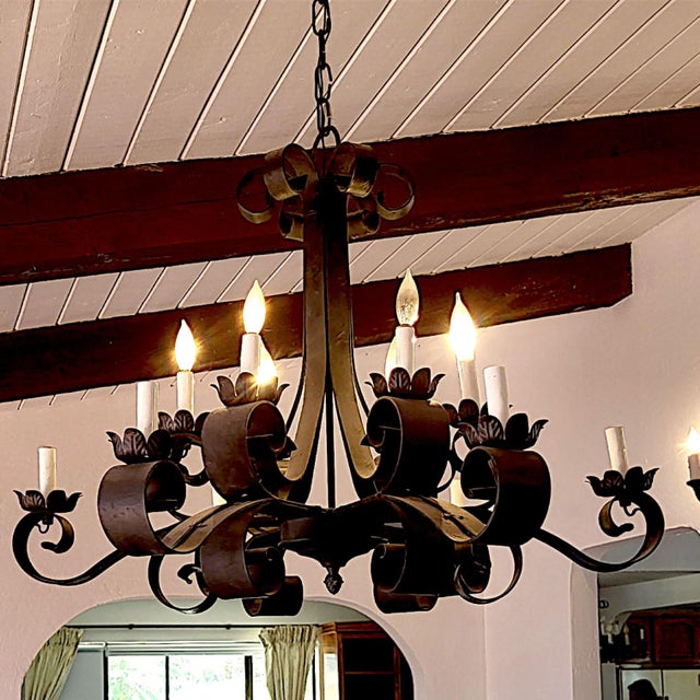 1920s Huge 1920s Spanish Revival Style 6 Arm 12 Candelabra Charcoal Wrought Iron Pendant Chandeliers For Sale - Image 5 of 6