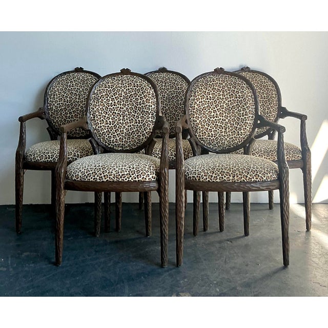 Sand Vintage Boho Faux Bois Leopard Dining Chairs - Set of 5 For Sale - Image 8 of 12