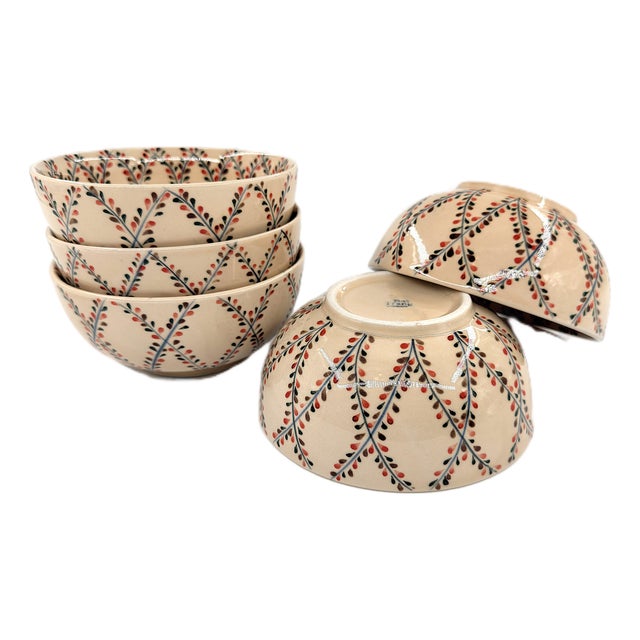 Bat Asian Modern Trang Vietnamese Ceramic Soup Bowls With Hand Painted Leaf Vine Details - Set of 5 For Sale