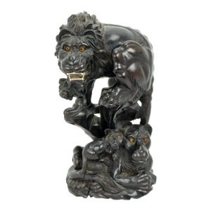 Vintage Japanese Large Carved Wood Sculpture Okimono Lion With Cubs – 20th C