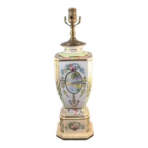 Antique Hand Painted Floral Roses French Porcelain Table Banquet Lamp