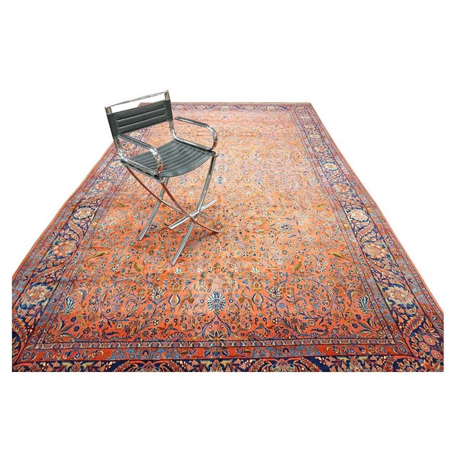 1920s Antique Persian Manchester Kashan Wool 10X17 Salmon, Rust & Navy Handmade Area Rug #1141003 For Sale - Image 5 of 12
