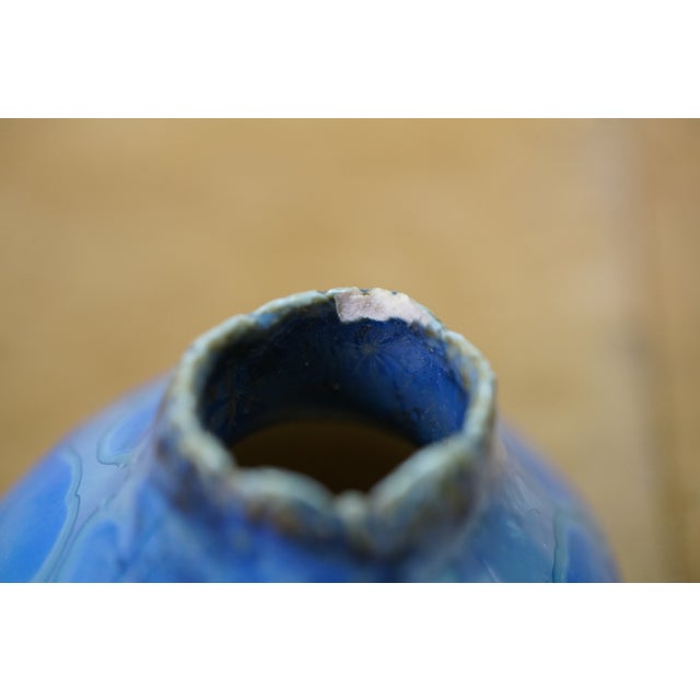 Late 20th Century 2 Vintage Blue Glazed Gourd Shaped Pinch Pot Pottery Bud Vases 2" For Sale - Image 5 of 14