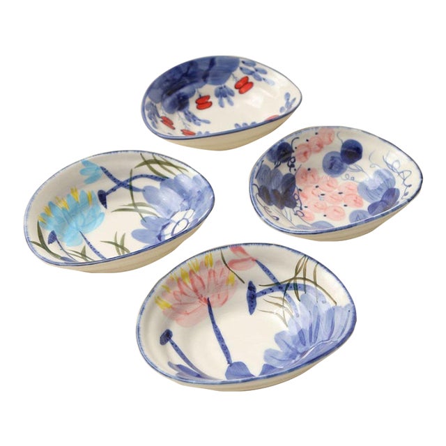 Japanese-Style Hand-Painted Floral Ceramic Bowl With Underglaze - Set of 4 For Sale