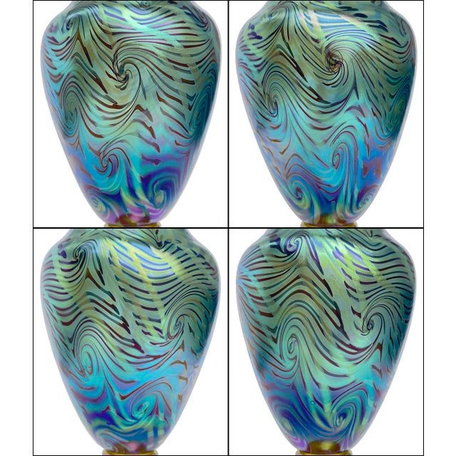 Traditional Antique Art Nouveau Favrile King Tut Pattern Glass Vase-Signed For Sale - Image 3 of 7