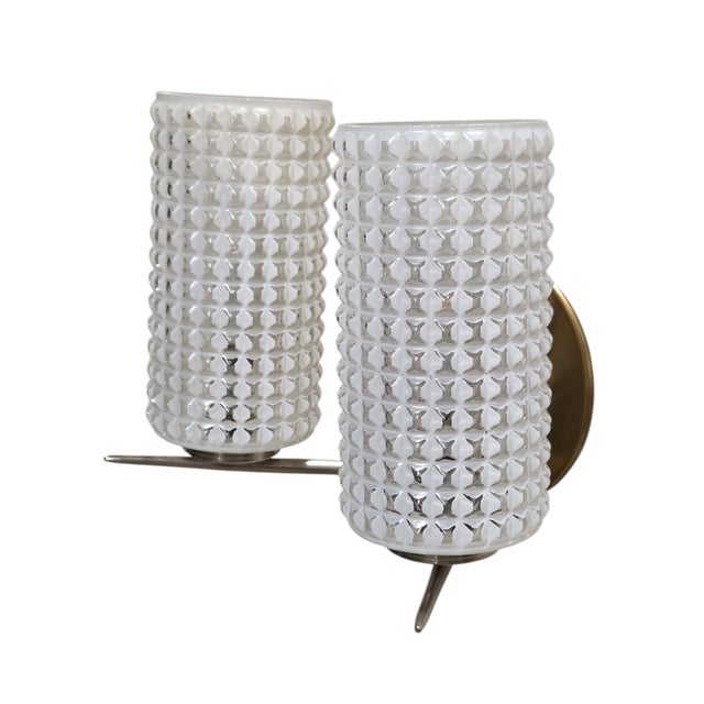 White Vintage Enameled Glass, Brass & Nickel Two Light Wall Sconces - Set of Three For Sale - Image 8 of 17